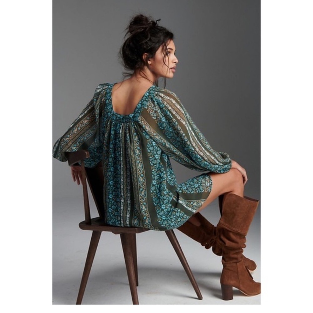 ANTHROPOLOGY SONIA TUNIC DRESS SZ XSP GREEN BLUE SHEER SLEEVES BOHO PEASANT - Picture 11 of 11